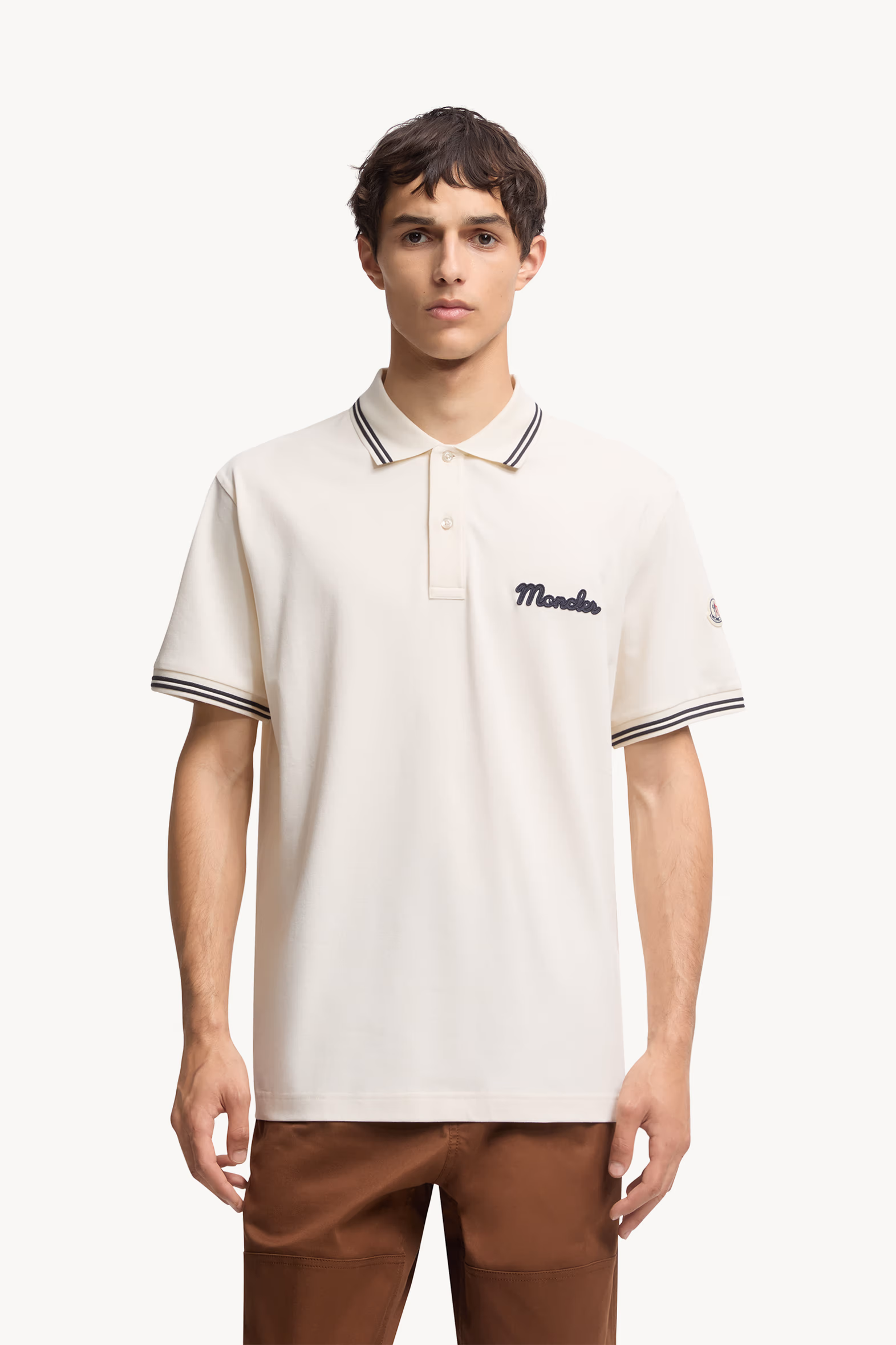Embroidered Logo Cotton Piquet Polo Shirt Men White Ivory Moncler 3